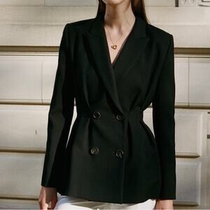 Yeon Arabella Black Italian Wool Pleated Waist Blazer Lined NWT